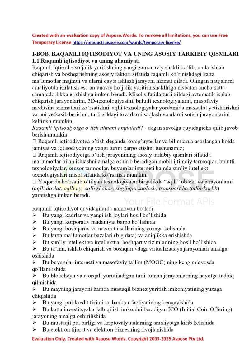 Raqamli iqtisodiyot va uning asosiy tarkibiy qismlari