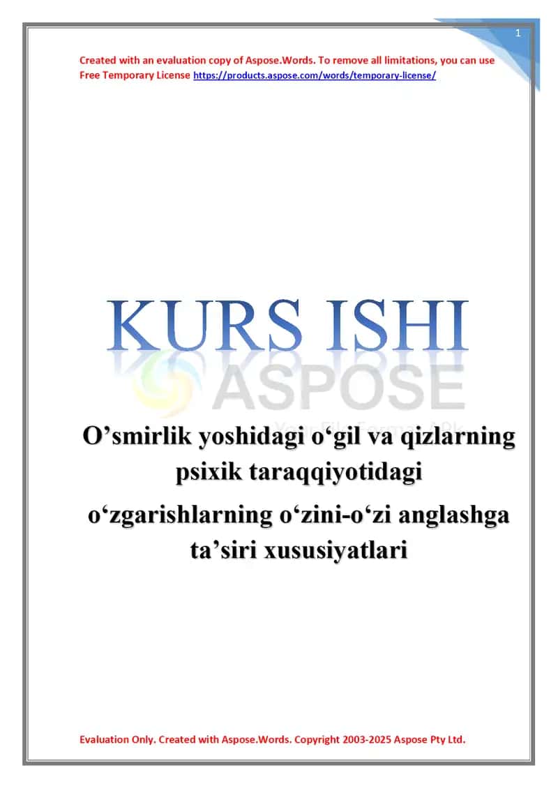 O'smirlik yoshidagi o‘gil va qizlarning psixik taraqqiyotidagi o‘zgarishlarning o‘zini-o‘zi anglashga ta’siri xususiyatlari