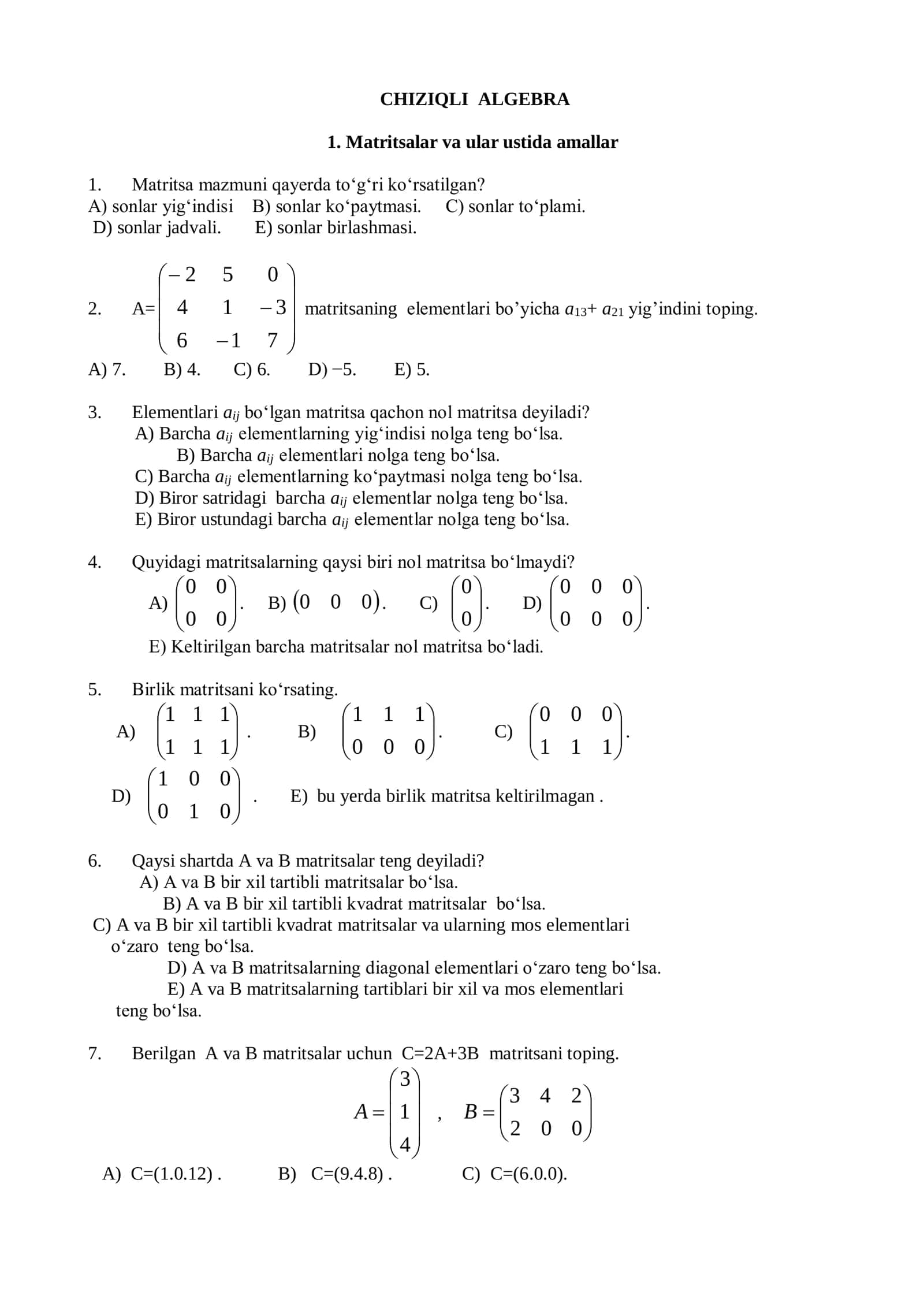 Talabalar uchun chiziqli algebra fanidan testlar to'plami
