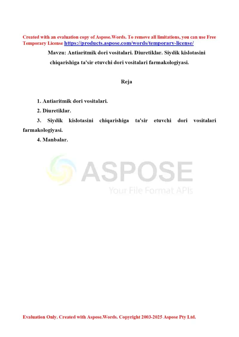 Antiaritmik dori vositalari. Diuretiklar. Siydik kislotasini chiqarishiga ta'sir etuvchi dori vositalari farmakologiyasi. Referat 9 bet.