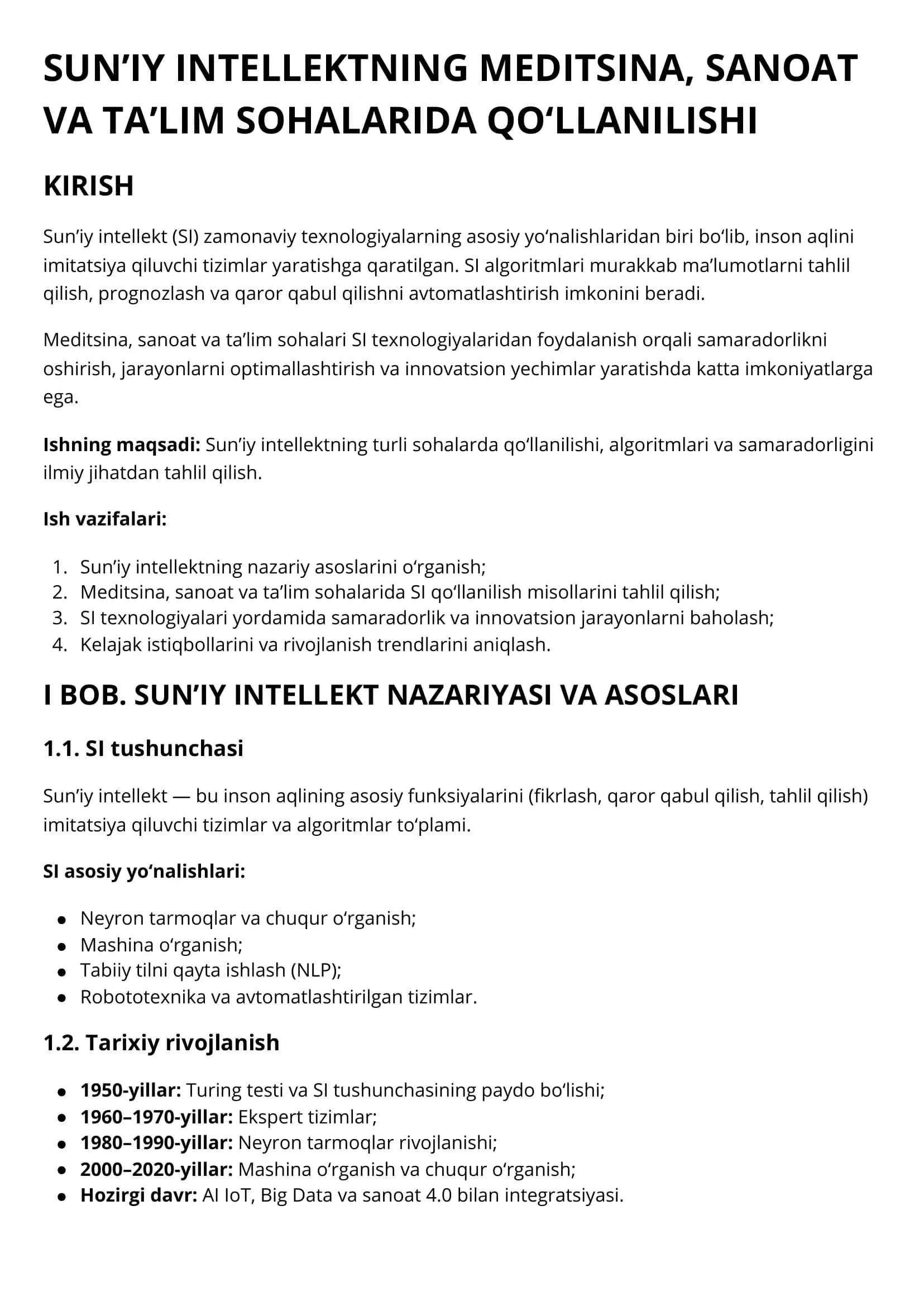 SUN’IY INTELLEKTNING MEDITSINA, SANOAT VA TA’LIM SOHALARIDA QO‘LLANILISHI