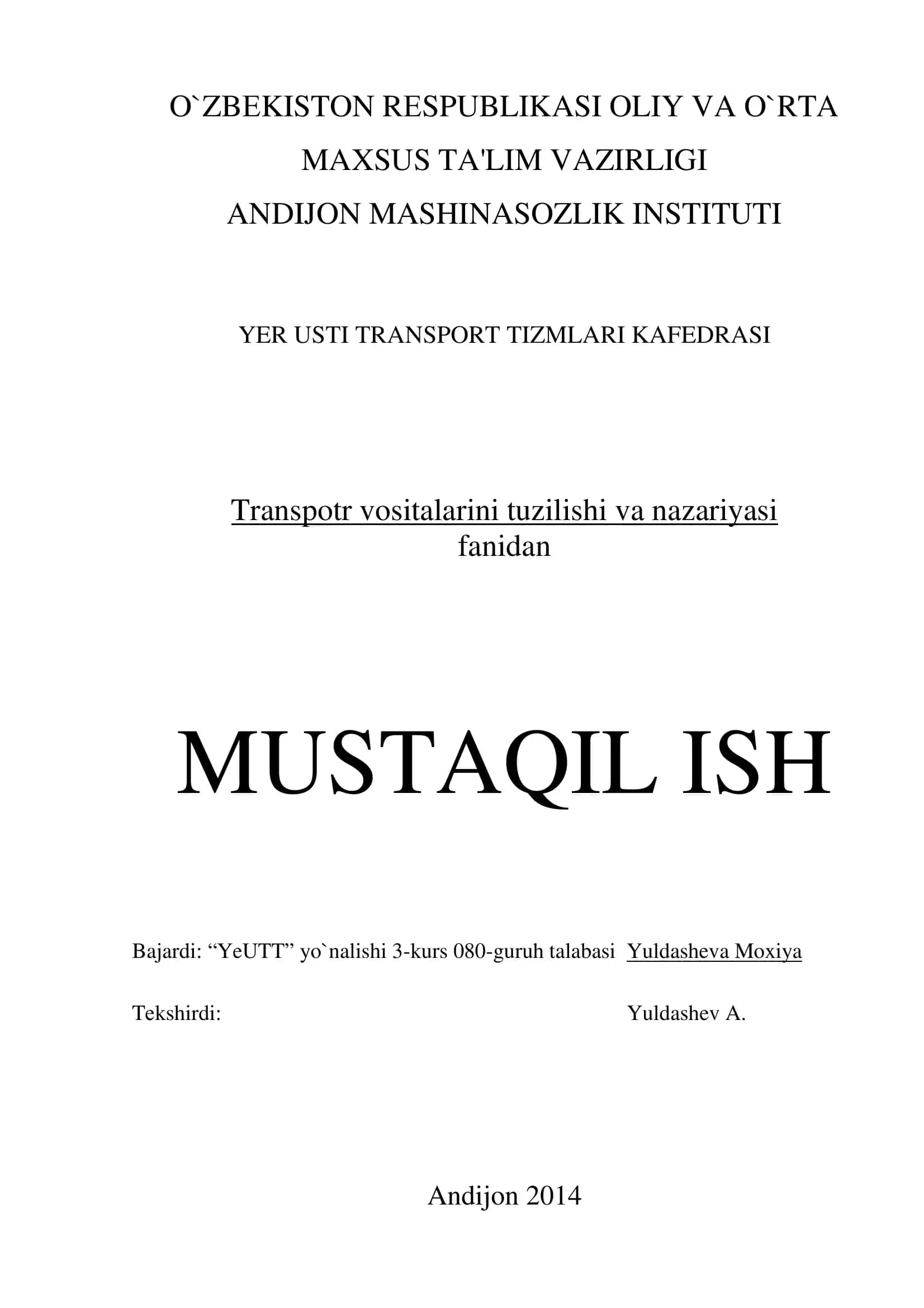 Transpotr vositalarini tuzilishi va nazariyasi