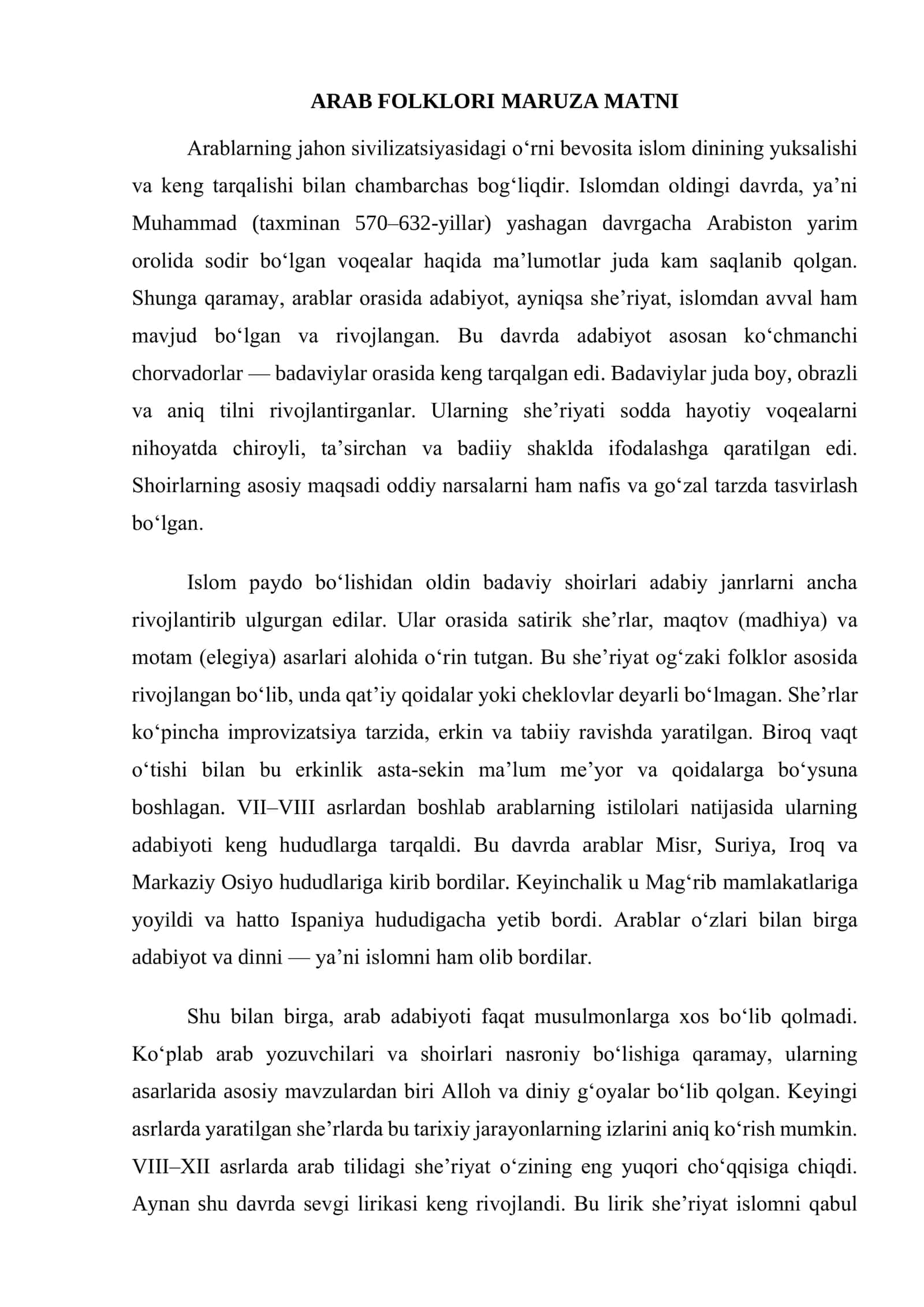 ARAB FOLKLORI MARUZA MATNI
