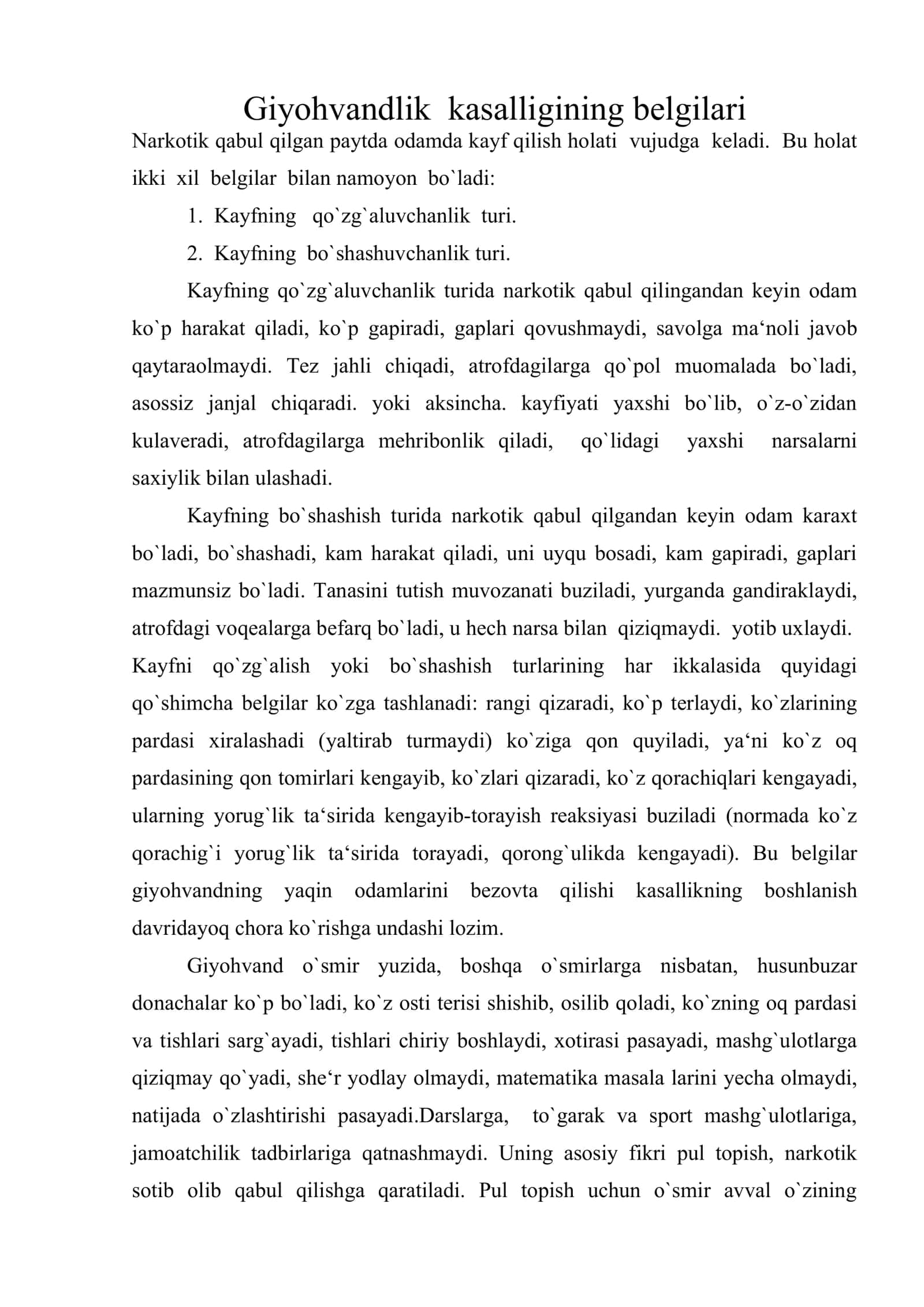Giyohvandlik kasalligining belgilari