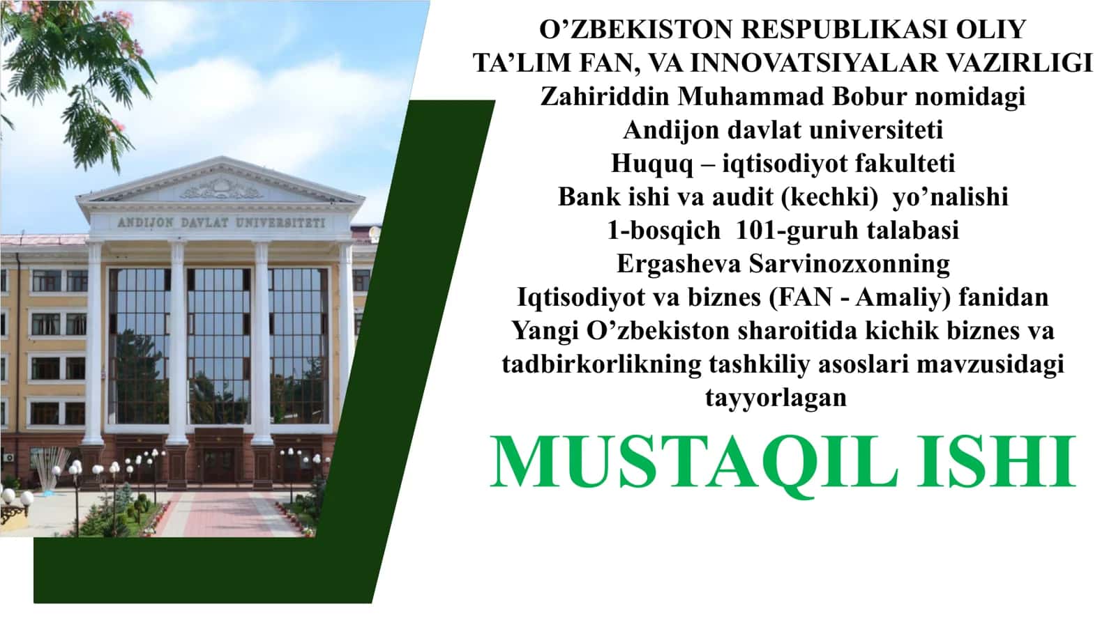 Yangi O’zbekiston sharoitida kichik biznes va tadbirkorlikning tashkiliy asoslari