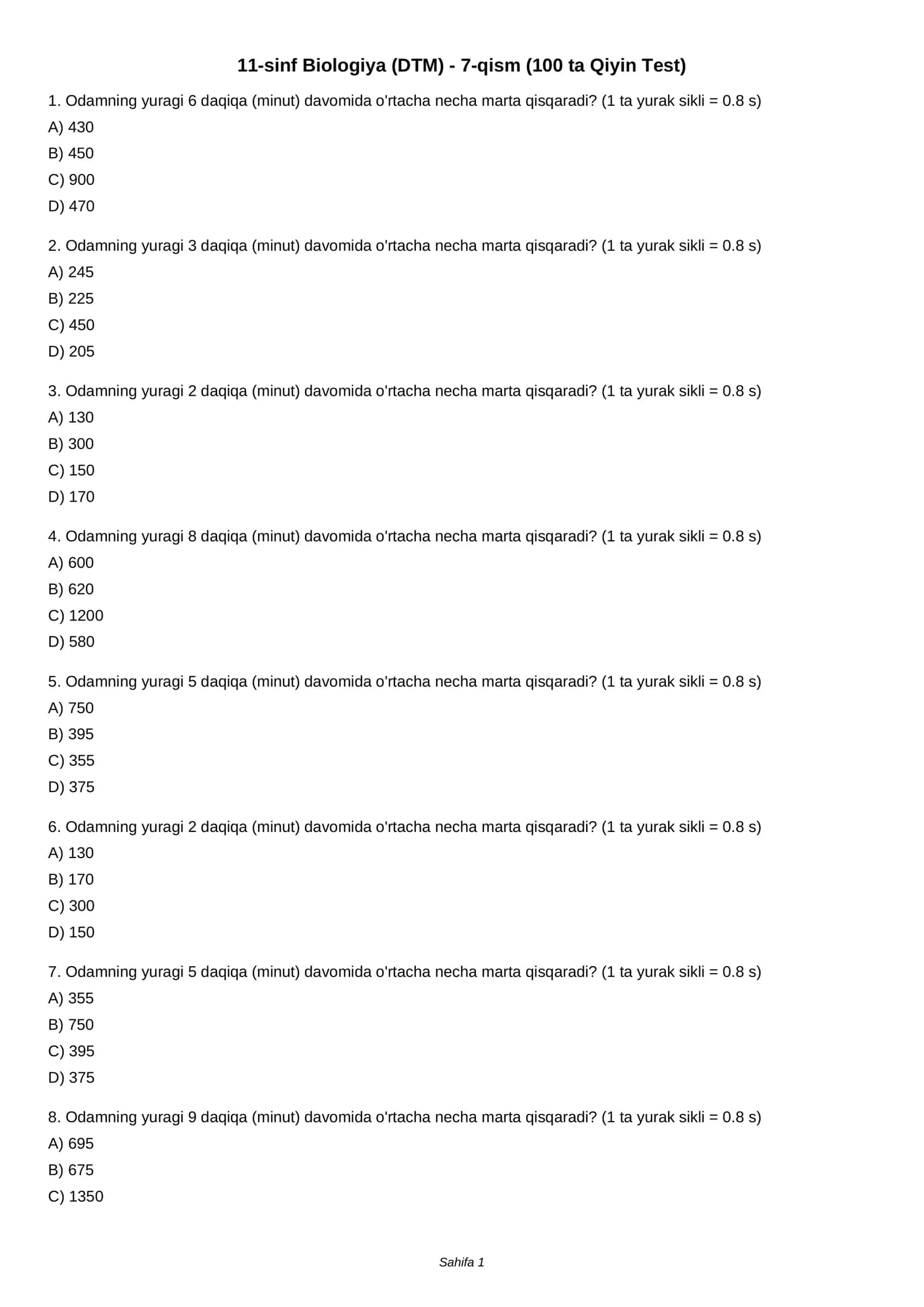 11-sinf Biologiya (DTM) - 7-qism (100 ta Qiyin Test)