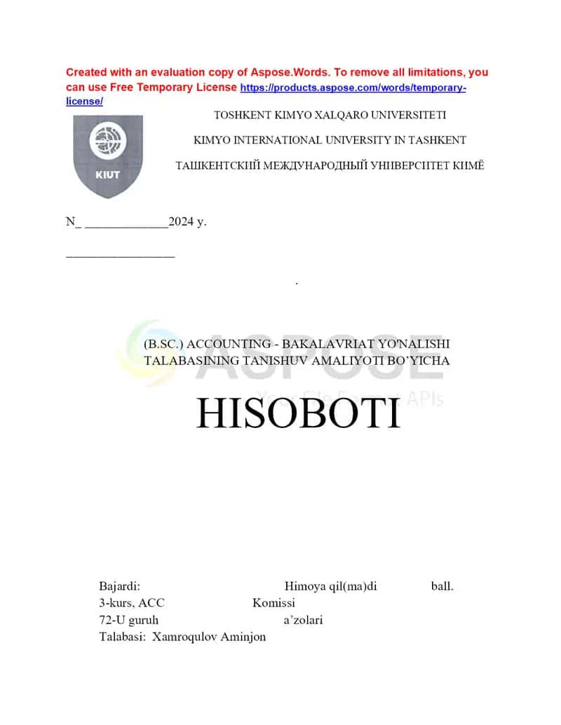 4. Tashkilot shakli Mas’uliyati cheklangan jamiyat (MCHJ)
5. Faoliyat turi Parfyumeriya mahsulotlari ishlab chiqarish va savdosi