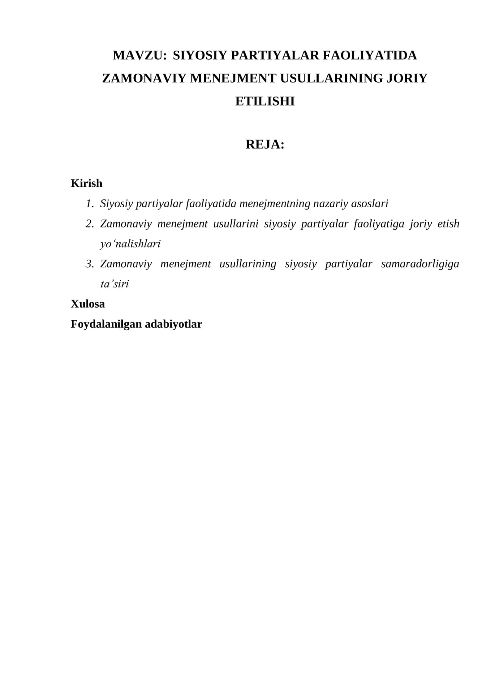 SIYOSIY PARTIYALAR FAOLIYATIDA ZAMONAVIY MENEJMENT USULLARINING JORIY ETILISHI