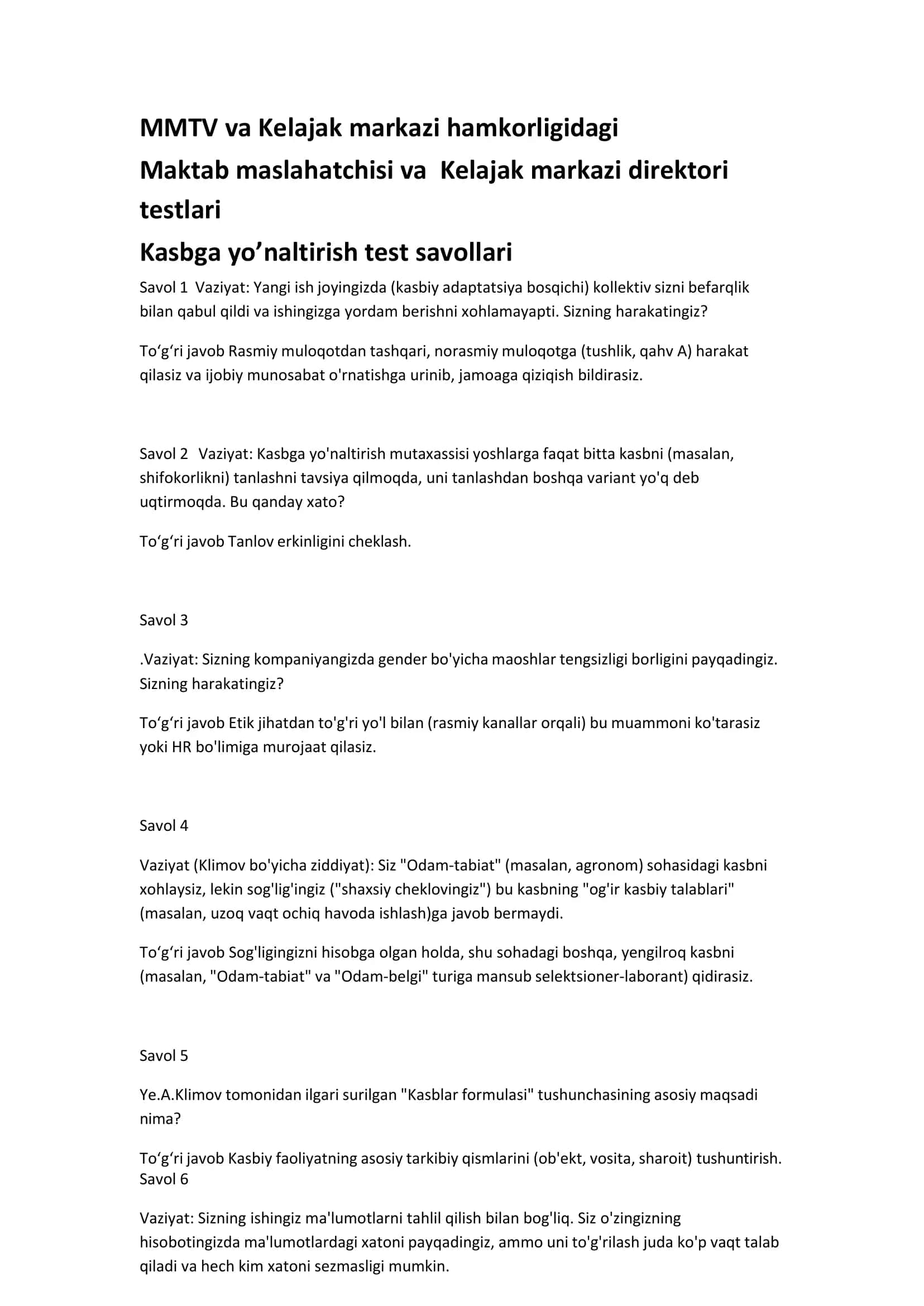 MMTV va Kelajak markazi hamkorligidagi Maktab maslahatchisi va Kelajak markazi direktori testlari