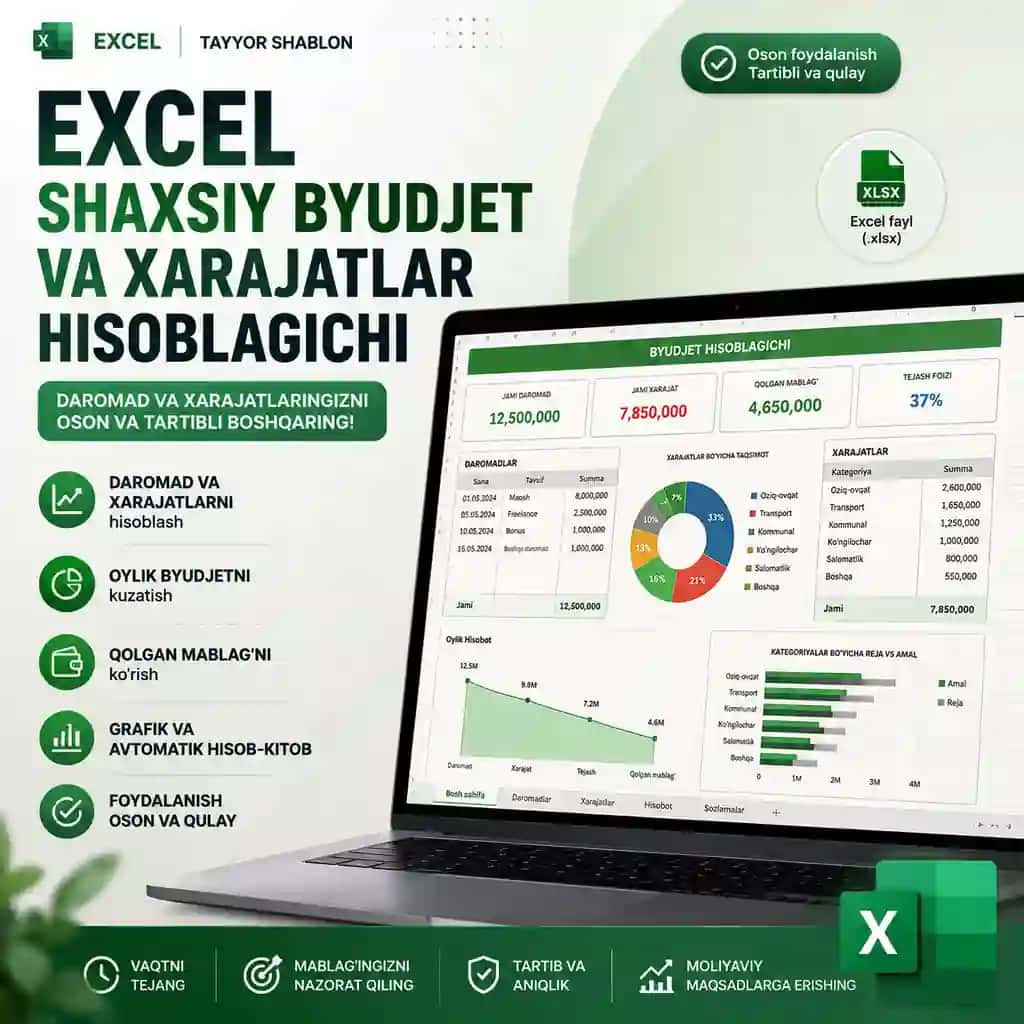 Excel Shaxsiy Byudjet va Xarajatlar Hisoblagichi