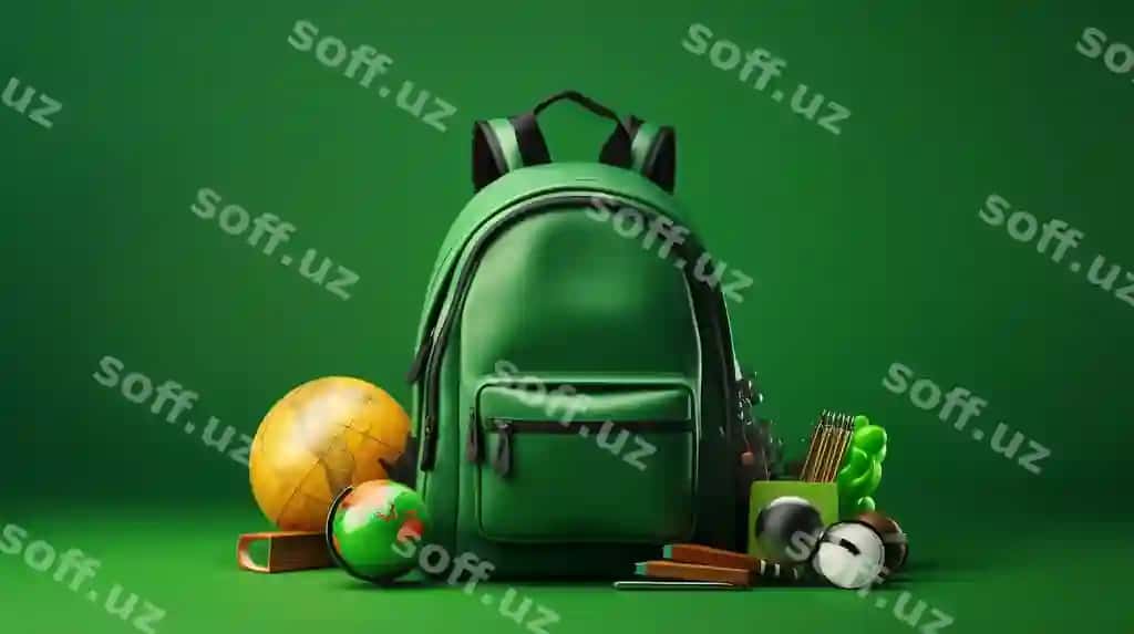Maktab aksesuarlari yashil orqa fonda, maktab sumkasi bilan | School accessories with school bag green background