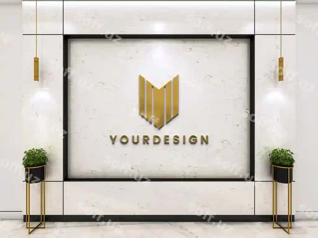 Oltin 3D logo namunasi oq marble devor orqa fonda | Gold 3d logo mockup white marble wall backdrop