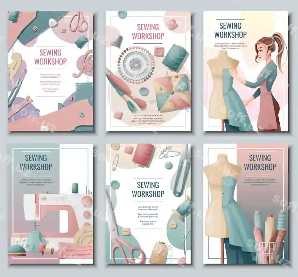 Flyer shablonlari to'plami joy qozonasi vositalari va qiz yaratayotgan baner bilan | Set flyer templates with sewing supplies banner with girl creating