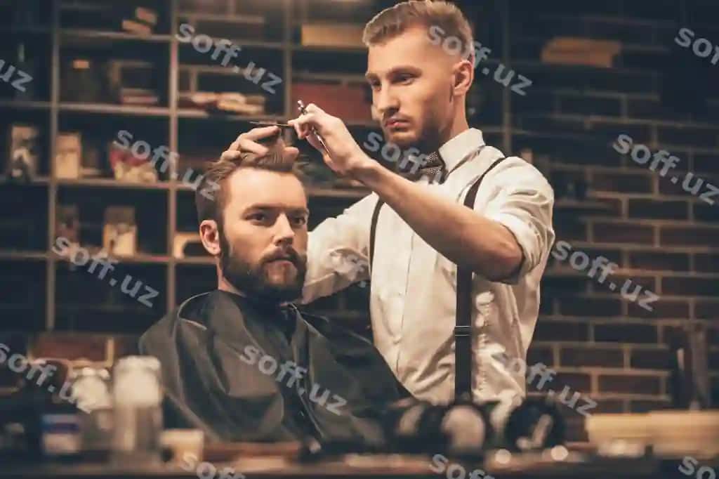 Yosh bozbala erkak soch ustasi tomonidan soch kesimtirib mukammal ko'rinishga keltirilmoqda. | Making haircut look perfect young bearded man getting haircut by hairdresser
