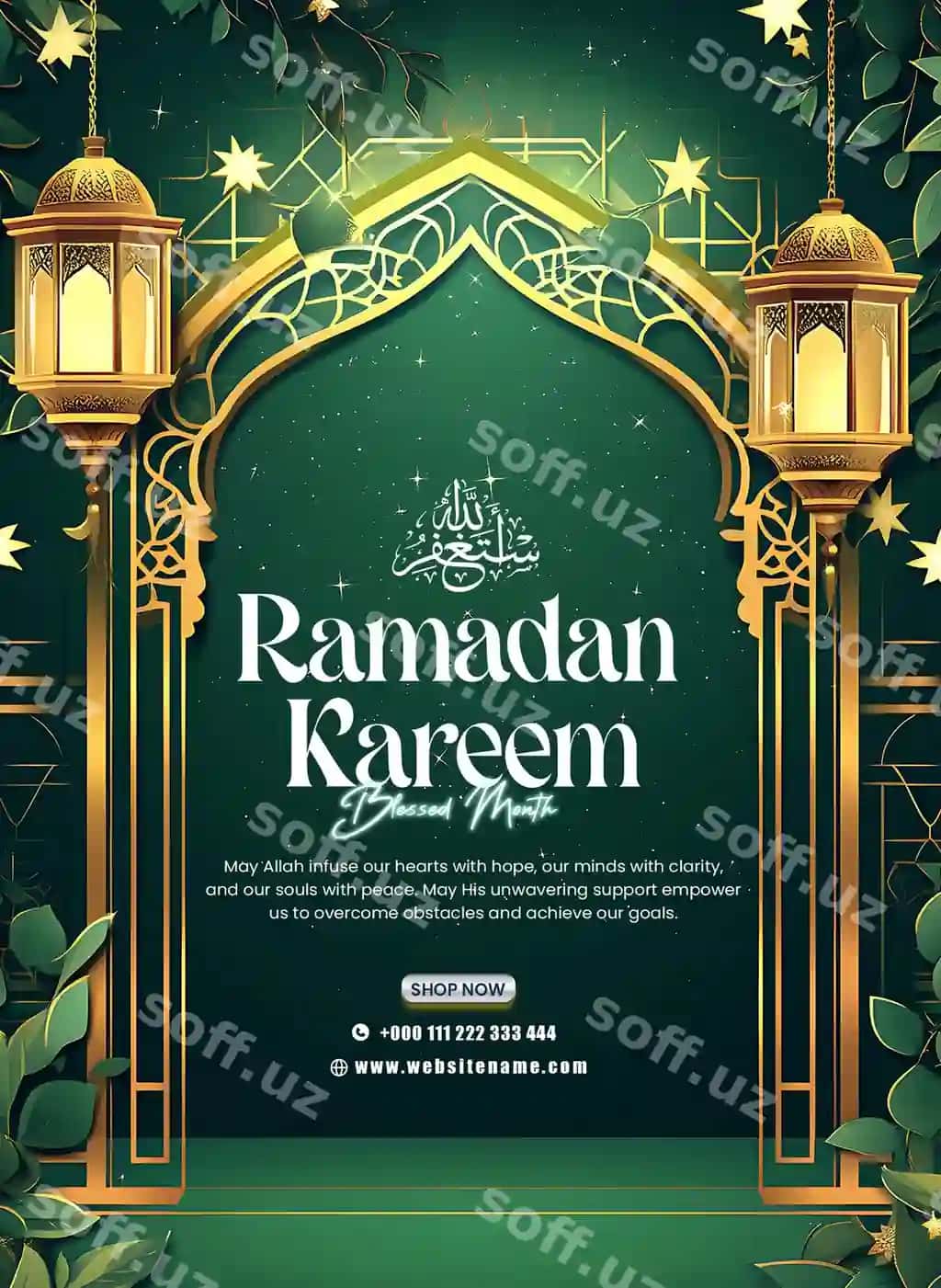 Ramazon kurbon salomlari islam arkali chiroqlar, yashil chandlar bilan | Ramadan kareem greetings with islamic arch lanterns candles green