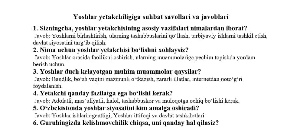 Yoshlar yetakchiligiga suhbat savollari va javoblar