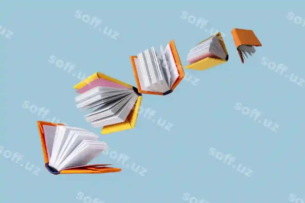 Kitoblar rangli qoplashlari ko'k fonda aylanma, nusha joyi | Books colored covers swirl blue background copy space