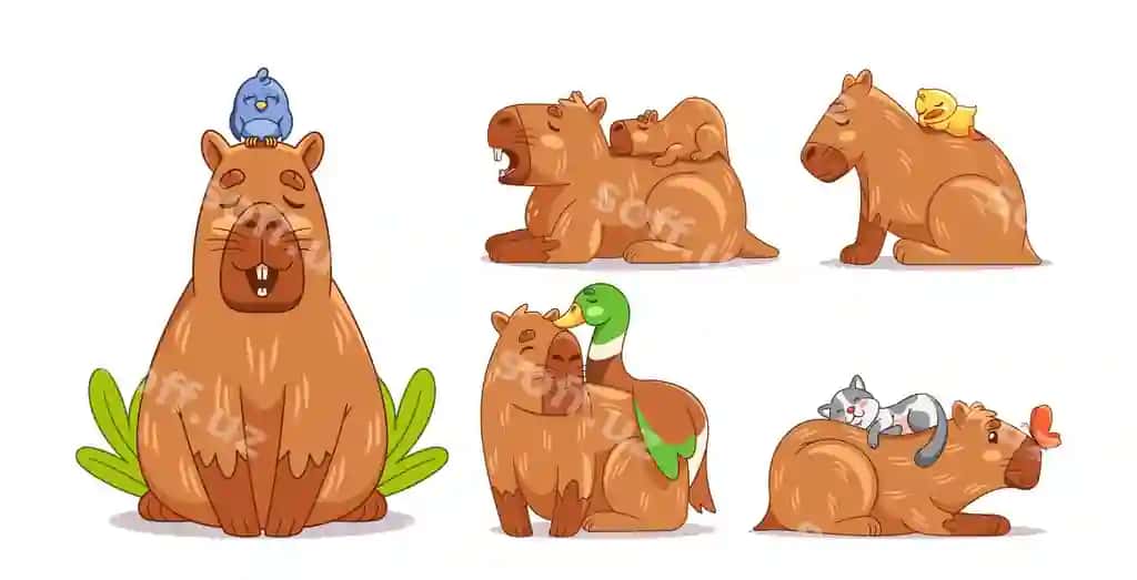 Set chiroyli kapibara o'z ichiga qushlar, mushuk, bolalar kabi heyvonlar do'stlari kirgan | Set cute capybara featuring animal friends including birds cat baby