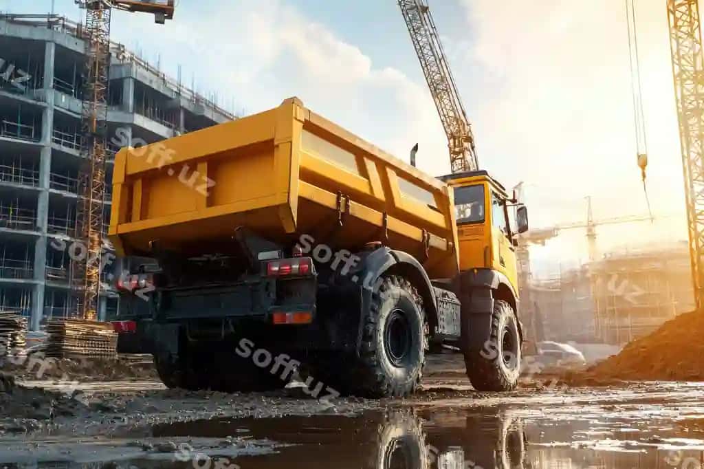 Yuk avtomobili yuklash krani qurilish joyi orqa ko'rinish | Truck with loader crane construction siterear view