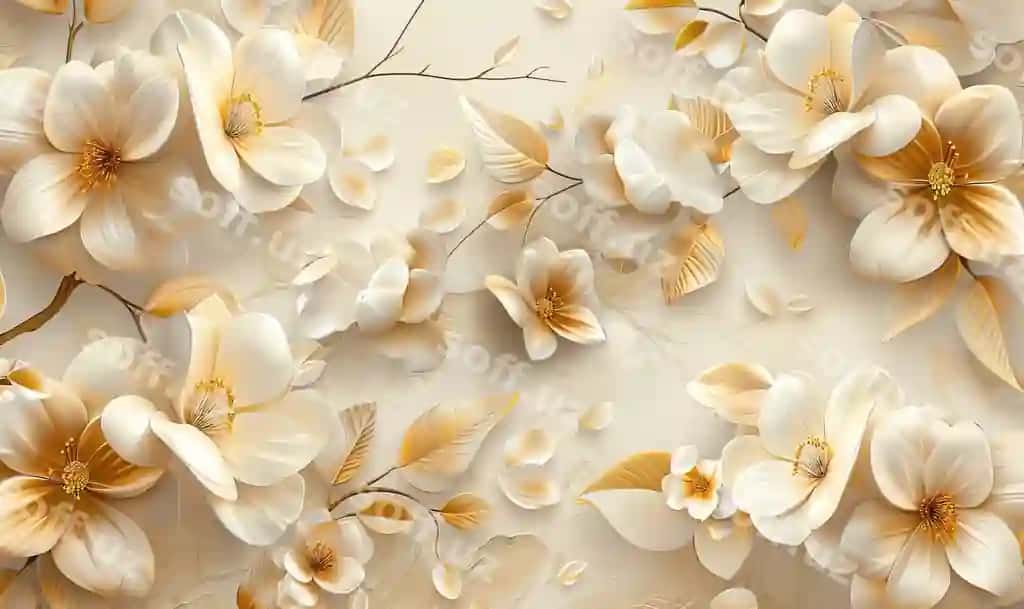 Mural devor qog'ozi gul oltin krem ranglarda 3d mural devor qog'ozi yuqori sifatli AI yaratilgan rasm | Mural wallpaper flowers gold cream colors 3d mural wallpaper high quality ai generated image