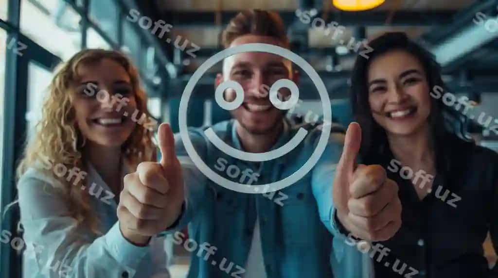 Jamoa biznes mutaxassislar gulcha yuzi ikonasi bilan virtual ekanga musbat fikr ko'rsatgan holda | Team business professionals pointing virtual screen with smiley face icon positive feedback