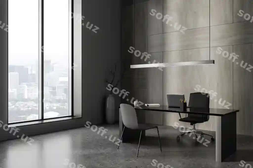 Kulrang maslahat ichki, CEO ish stoli, noutbuk kompyuteri, panoramik oyna | Grey consulting interior with ceo desk laptop computer panoramic window