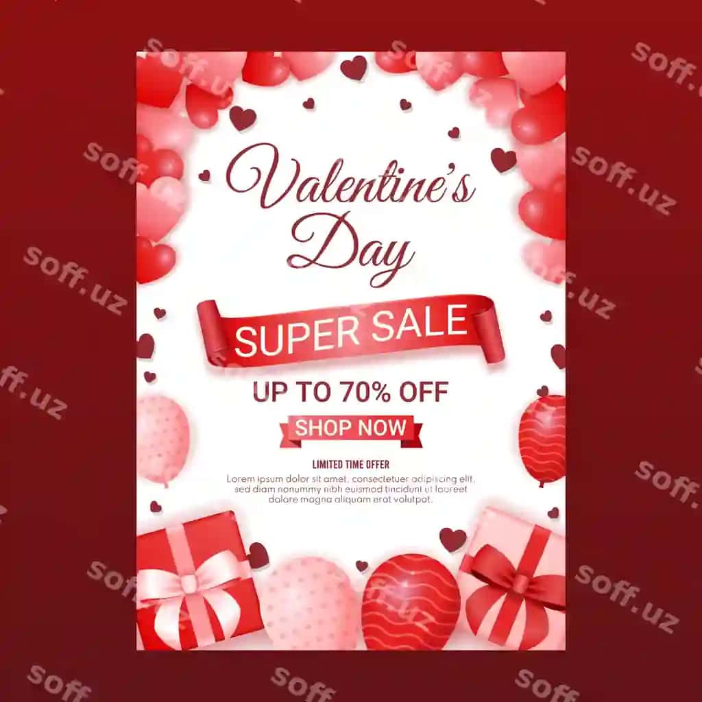 Poster super sotuv qizil fonli, qizil lenta oq yurak bilan | Poster super sale with red background red ribbon with white heart