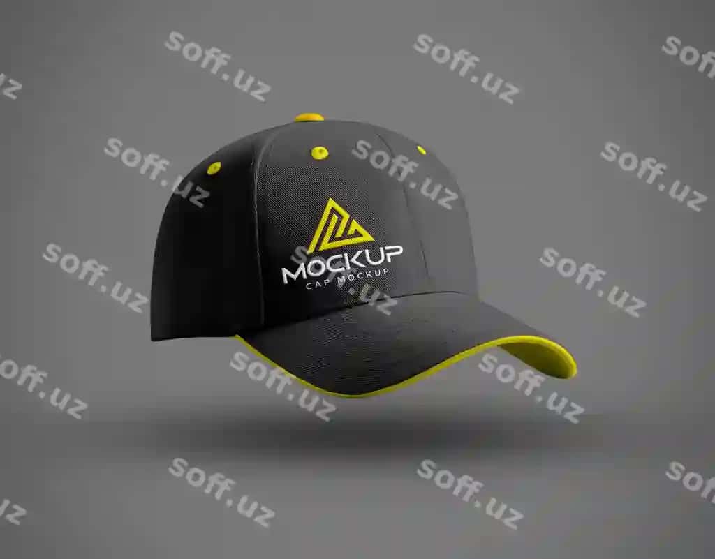 Qora baseball kap namunasi sariq logotip o'qi bilan | Black baseball cap mockup with yellow logo brim
