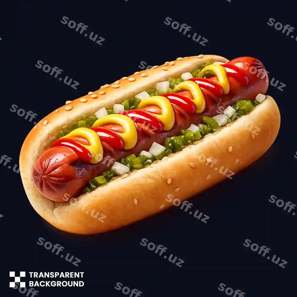 Klassik hot-dog ketçup, mustard, relish, piyoz bilan | Classic hot dog with ketchup mustard relish onions