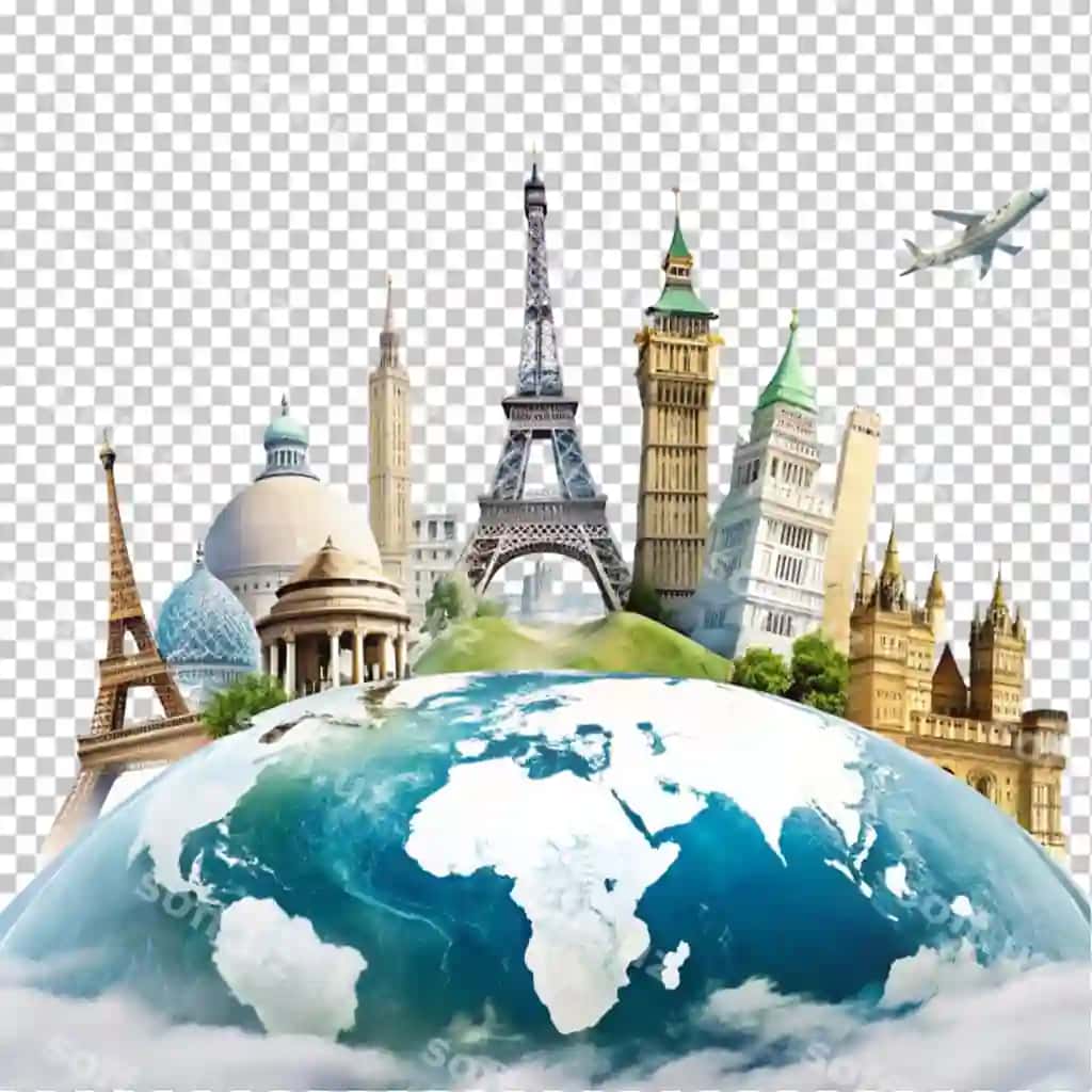 Foto sayohat tushunchasi dunyoning mashhur landmarklari bilan | Photo travel concept with worldwide landmarks