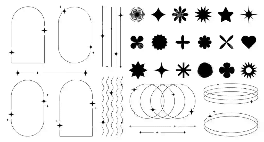 Komplekt anqarli retro kelajakchi elementlar shakllari estetik chiziq ramkalar | Set abstract retro futuristic elements shapes aesthetic line frames