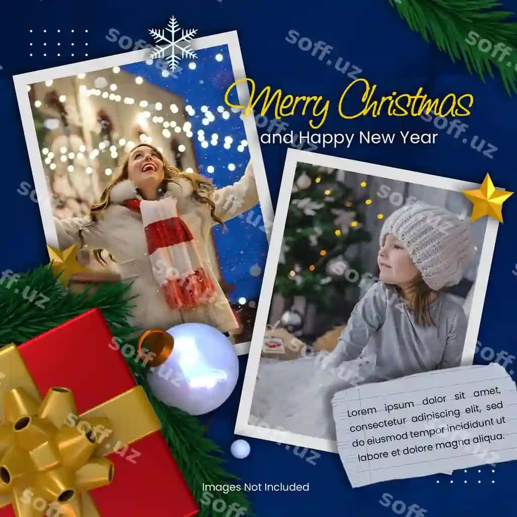 Rojdestvo va Yangi yil baxromi 3D fonli baner shabloni | Merry christmas happy new year banner template with 3d background