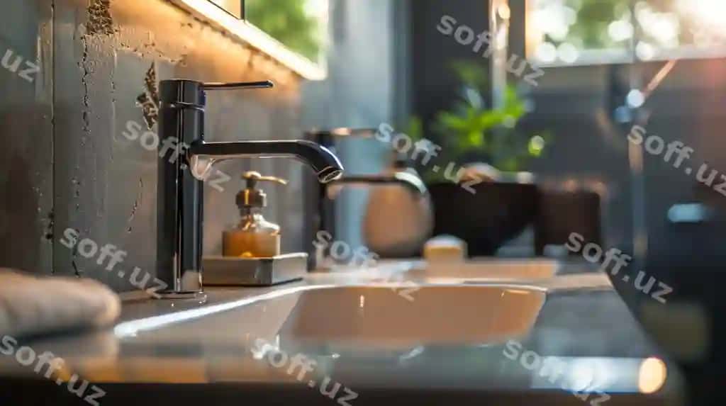 Oshxona chaqmogi yashil o'simliklar orqa fonda | Kitchen sink with green plant background