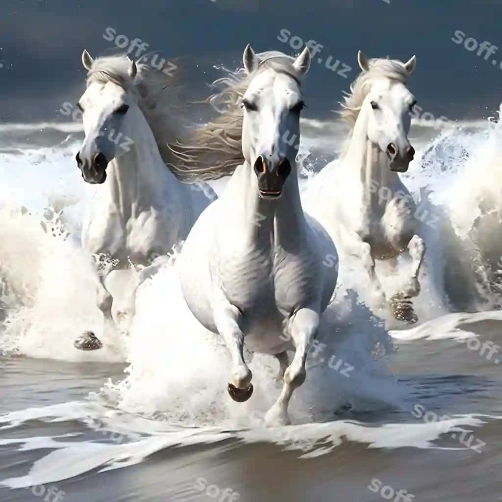 Uch at suzuvchi suv bilan birini yuguruvchi. | Three horses running water with one them running