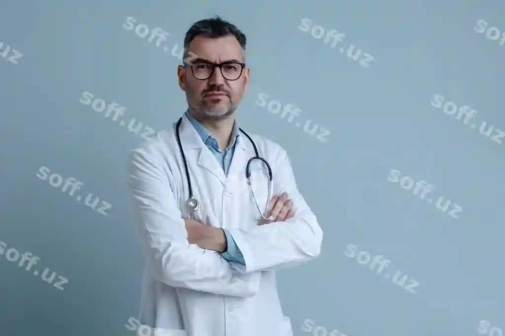 Portret doktor oq kurtka ko'zlık ko'k fon | Portrait doctor white coat glasses blue background