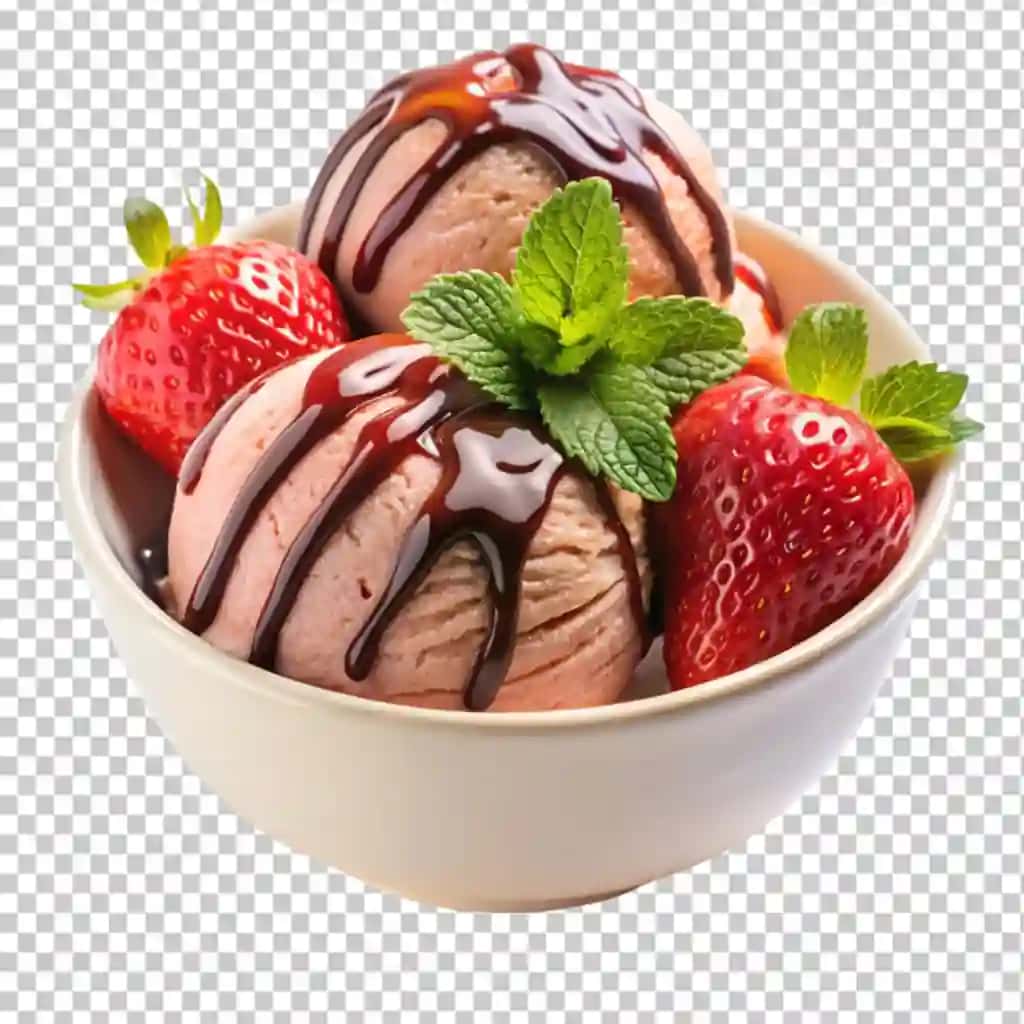 Shokoladli shaffof fon bilan mazali piyola qulupnayli muzqaymoq | Delicious bowl strawberry ice cream with chocolate transparent background