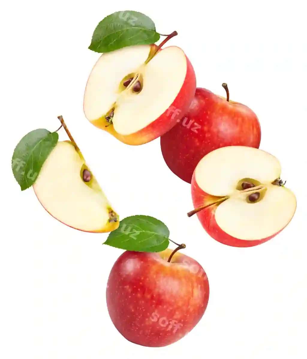 Organik qizil olma ajraltirilgan oq fonda ta'mli olma bargi bilan to'liq chuqurlik maydoni kesish yo'nalishi bilan | Organic red apple isolated white background taste apple with leaf full depth field with clipping path