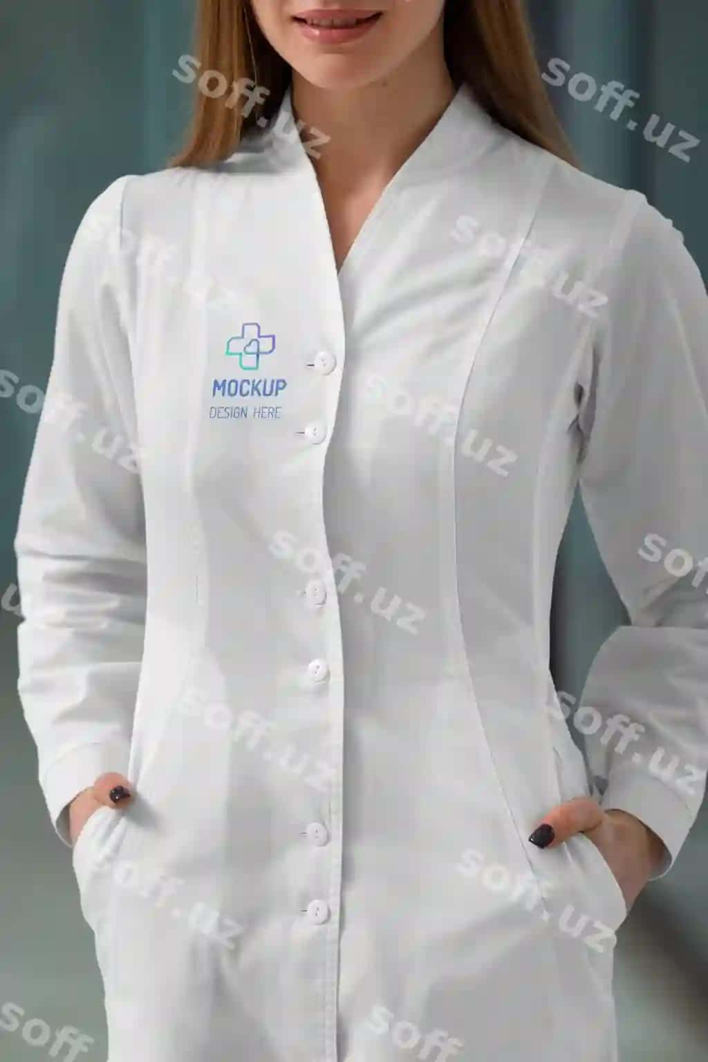 Ayollar tibbiyot xodimi lab kostyumini kiygan namuna dizayni | Female medic wearing lab coat mock up design