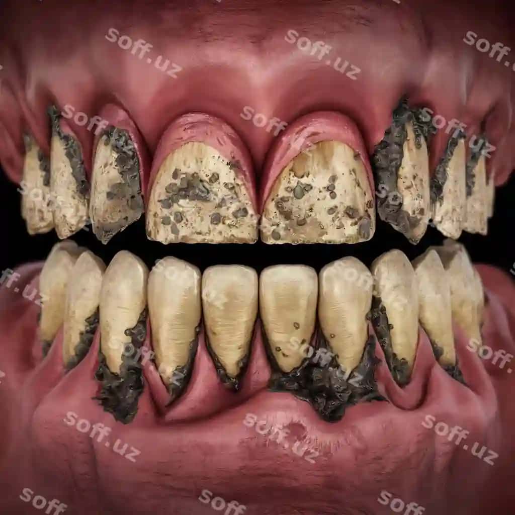 Tishlar tartar kariesi, buzilgan pastki oldingi chuqur tishlar | Teeth with tartar caries crooked lower foreground incisors