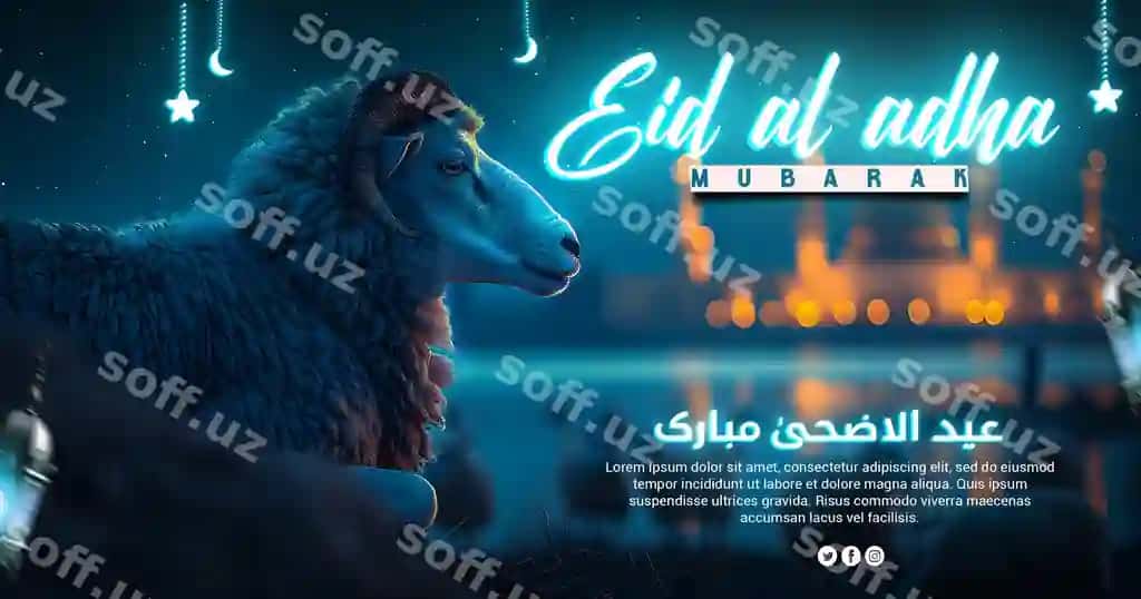 Psd Baxarli Qurbon hayiti tabriklama baneri qo'y rasmlari bilan tahrirlanga | Psd happy eid al adha greeting banner with sheep photo editable