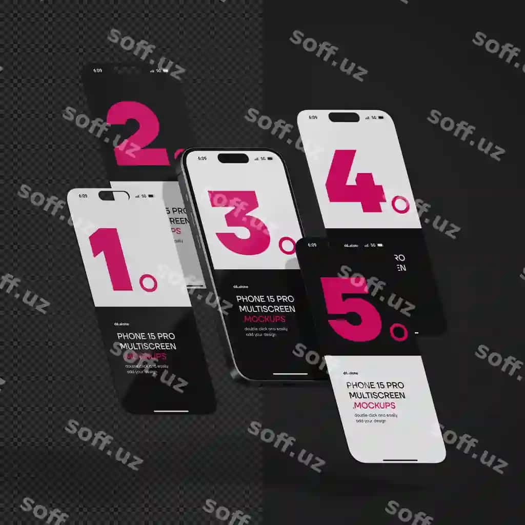 Psd realistik iphone 15 pro ko'plab ekranlar mockup shabloni tahrir qilish mumkin | Psd realistic iphone 15 pro multiscreen mockup template with editable