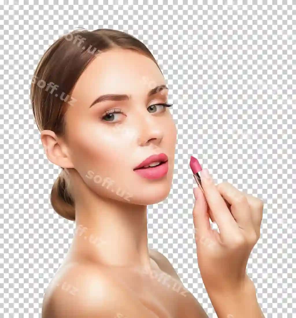 Ayol model reklamasi lab bo'yog'i izolyatsiya qilingan shaffof fon | Female model advertising lipstick isolated transparent background