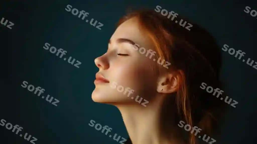 Tinch qizil ustrak ayol, profil, ko'zlari yopiq, tinch ifoda | Serene redhead woman profile eyes closed peaceful expression