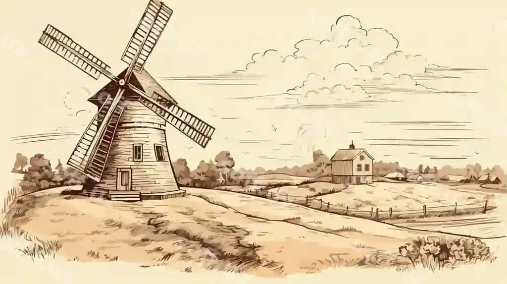 Tinch qishloq manzarası yong'oq asab chizmasi | Serene countryside landscape with wooden mill sketch