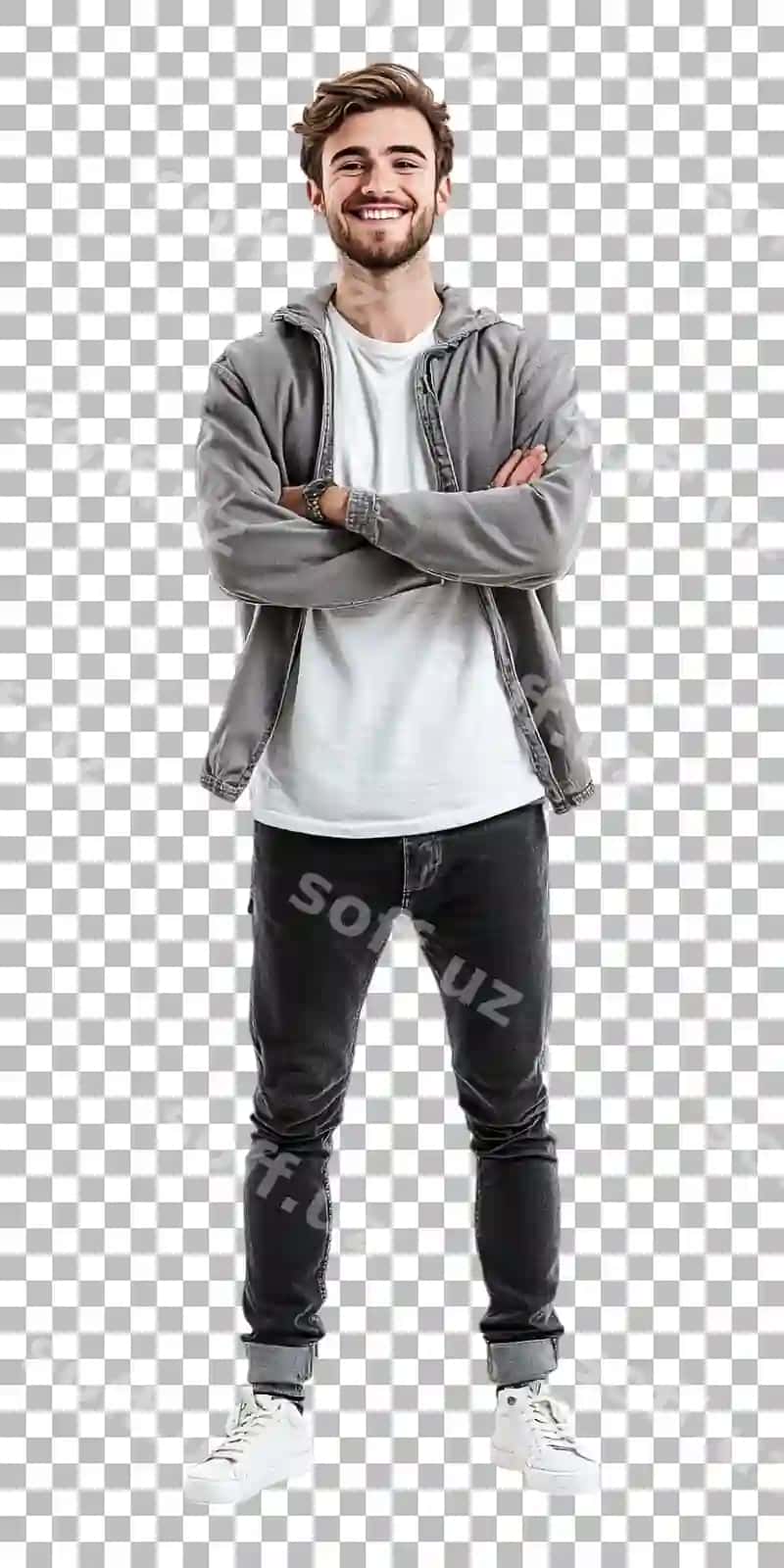 Erkak o'z qo'llarini qatlamagan shaffof orqa fonda | Man with his arms crossed transparent background