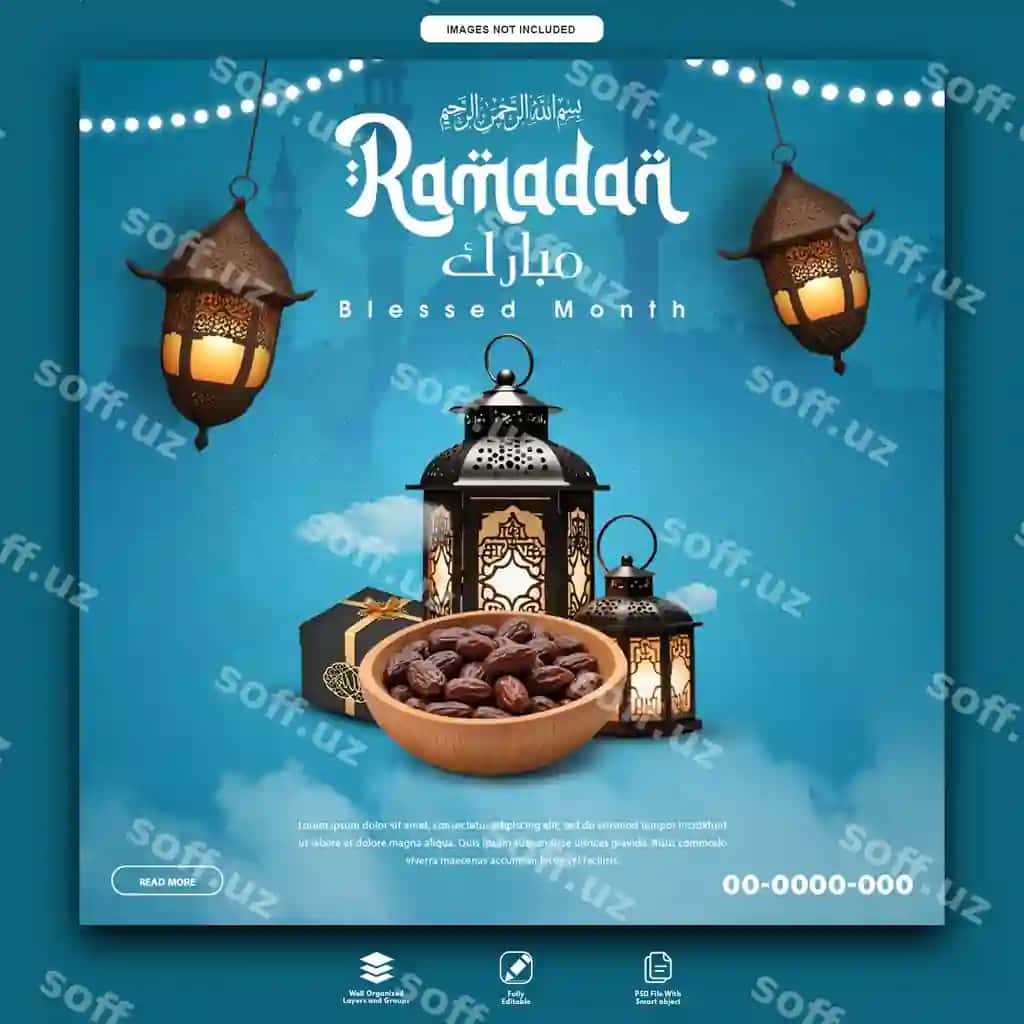 Ramazon mubarak reklama uchun Instagram posti dizayni bepul PSD kirgan | Ramadan mubarak promotional insta post design free psd included