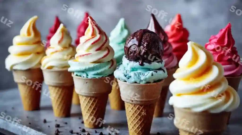 Rang-barang muzqaymoq konfetasi assortimenti | Assortment colorful ice cream cones