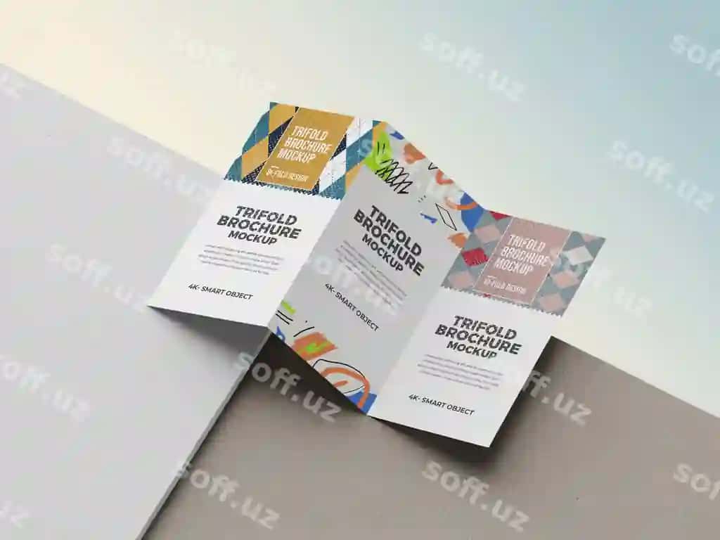 Uch marta aks etadigan broshyuraga namuna bilan abstrakt dekoratsiyalar | Trifold brochure mockup with abstract decorations