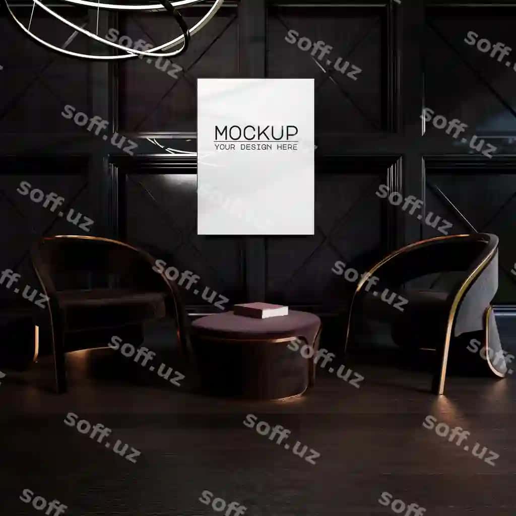 Poster ramkasi mockup yog'och devor zamonaviy arqatlar 3D render | Poster frame mockup with wooden wall modern armchairs 3d rendering