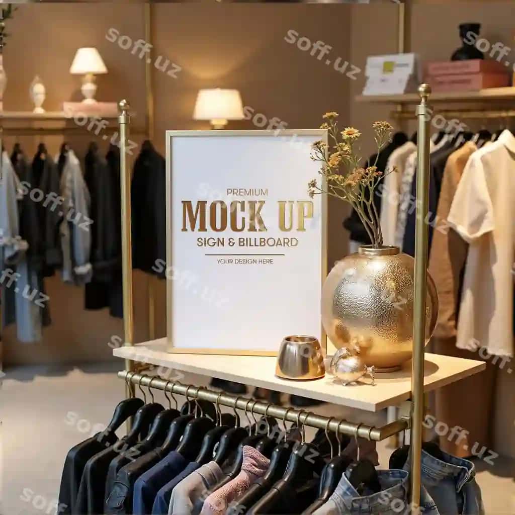 Psd bo'sh oq belgi mockup yog'och stol kiyim do'koni | Psd blank white sign mockup wooden table clothing store